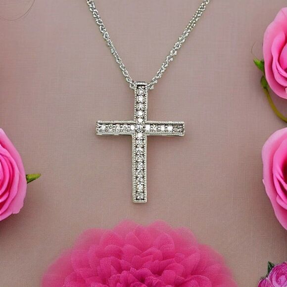 Natural Diamond Cross Pendant with Chain 17" 14k W Gold 0.25 CT Certified 307922 - Picture 12 of 15